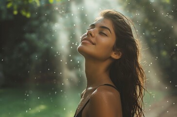 young woman is standing in a park looking up