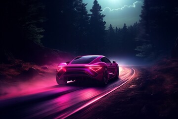Fototapeta na wymiar A bright magenta super-sport car, leaving a trail of light on a dark, deserted rural road,