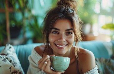 smiling young woman sitting on couch and eating chai tea