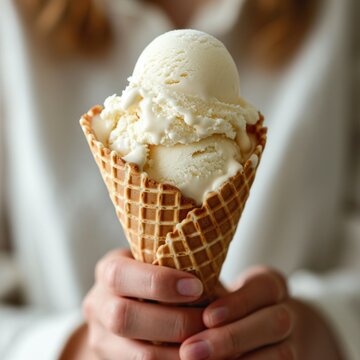 an image of a person holding a waffle cone with ice cream