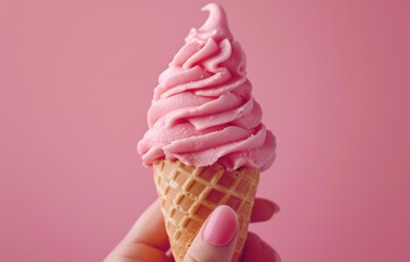 pink ice cream cone from waffle cone with ice on a hot summer day over pink background