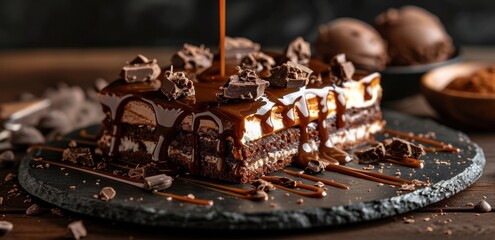 Fototapeta na wymiar a cake and chocolate ice cream with caramel, elongated