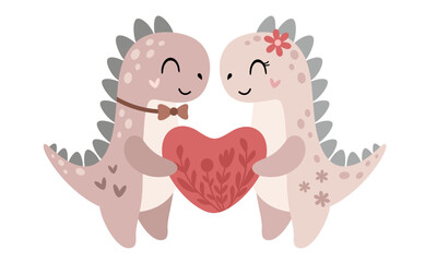 Cute Valentines dinosaurs clipart. Valentines day clipart. Valentine dino in cartoon flat style. Vector illustration.