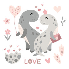 Cute Valentines dinosaurs clipart. Valentines day clipart. Valentine dino in cartoon flat style. Vector illustration.