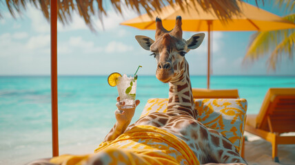 A giraffe in human clothes lies on a sunbathe on the beach, on a sun lounger, under a bright sun umbrella, drinks a mojito with ice from a glass glass with a straw, smiles, summer tones, bright rich c - obrazy, fototapety, plakaty