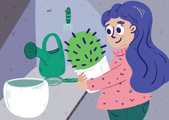 Digital illustration of a woman holding a cactus near gardening supplies in cartoon comic style.