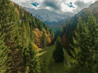 Autumn landscapes of Piatra Craiului Mountain, Romania. Aerial view from the drone. Beautiful view...