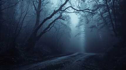 Enigmatic shadowy woods enveloped in fog on a spooky Halloween night, featuring a foreboding landscape with eerie trees. - obrazy, fototapety, plakaty