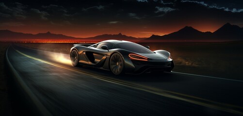 A dark chocolate super-sport car, speeding on a moonlit, deserted rural road,