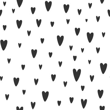 Seamless pattern of Black heart shapes. Minimalist monochrome illustration. Abstract hand drawn hearts background. Love pattern for wrapping paper, wallpaper, print