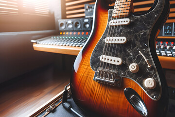 Close-Up of Electric Guitar in Warmly Lit Recording Studio