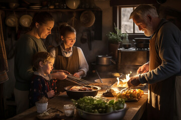 Family Cooking in Rustic Kitchen.