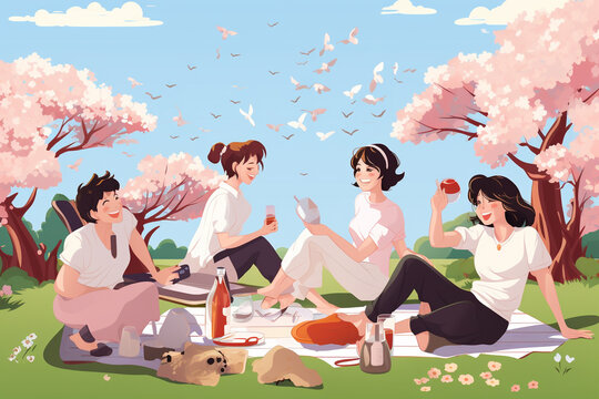 Friends Picnicking Under Cherry Blossoms.