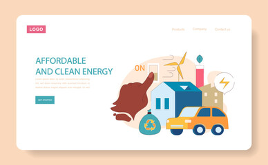 Affordable and clean energy web or landing. Transition to renewable power sources for sustainable living. Sustainable electricity consumption. Power generation source. Flat vector illustration