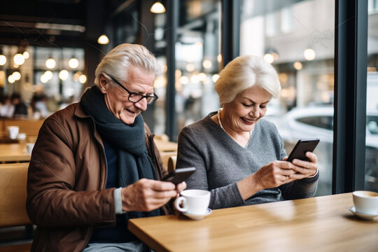 Senior Couple Using Digital Tablet in Cafe.