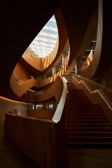 Design of the central public library in Calgary. Modern art interior design with wooden walls and glass ceiling.
