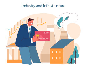 Industry and Infrastructure. Balancing economic growth with eco-friendly practices. Advancing green industry and infrastructure. Flat vector illustration