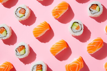 Flat lay of sushi on a pastel pink background. 