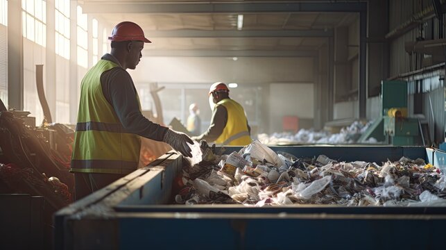 Worker sorts garbage on conveyor belt at waste recycling plant, business for sorting and processing of waste 