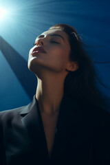 Portrait of a business woman in dark blue suit on a dark blue background on a sunny day.Minimal concept.