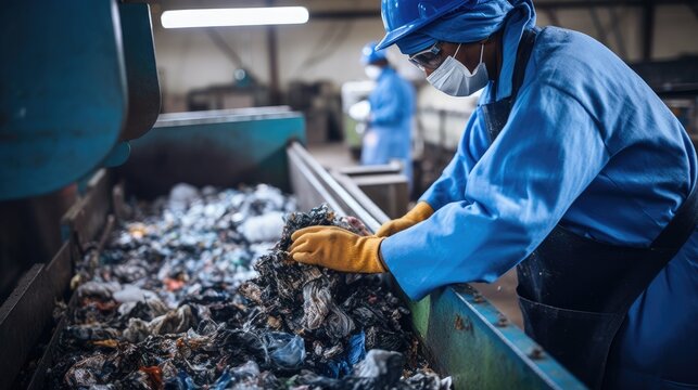 Worker sorts garbage on conveyor belt at waste recycling plant, business for sorting and processing of waste 