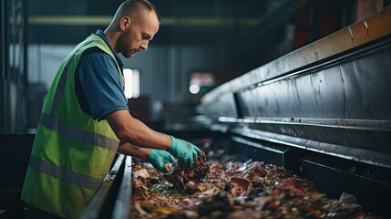 Worker sorts garbage on conveyor belt at waste recycling plant, business for sorting and processing of waste  - obrazy, fototapety, plakaty