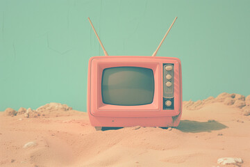 Retro tv on a beach in front of blue wall.