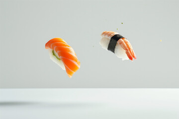 Sushi flying over white background.Minimal concept.