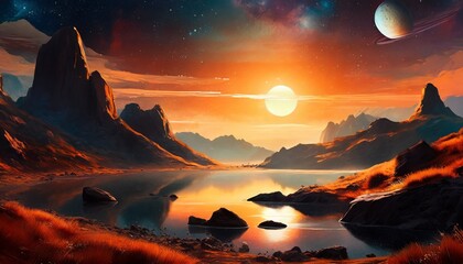 alien planet surface with lake and mountains 