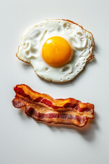 Fried egg and bacon on a white background.Flat lay.