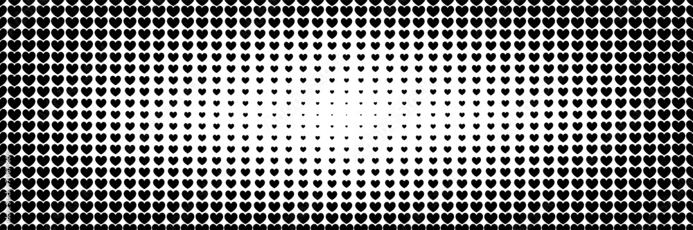 Poster horizontal halftone of black heart shape design for pattern and valentine's day background.