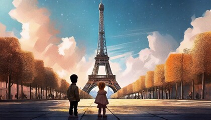 a walk through paris with a view of the eiffel tower - obrazy, fototapety, plakaty