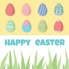 Happy easter flat design with text, eggs, grass. Minimal style vector illustration for card, banner, poster, sale, web. 