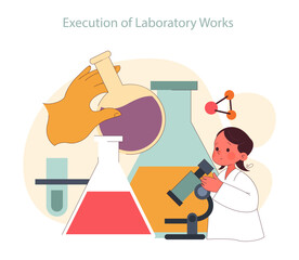 Children learn. Elementary school classes. Young scientist conducts experiments, studying chemistry with flasks and a microscope. Academic knowledge gaining. Flat vector illustration