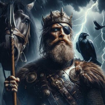 The great Nordic one-eyed god Odin with his ravens Huginn&Muninn. Sleipnir. God of wisdom, healing, death, battle and knowledge. Ancient Norse mythology. Scandinavian. Germanic paganism. Generative AI