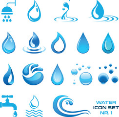 Wasser, Wassertropfen, Welle, Wasserhahn, Dusche - Icon Set - obrazy, fototapety, plakaty