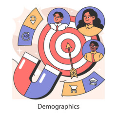 Demographics targeting concept. Precision marketing illustrated with diverse personas and segmentation tools. Strategic audience focus for effective reach. Flat vector illustration.