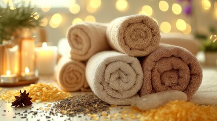 Spa setting with towels, herbal bags, and beauty items for relaxation and self care