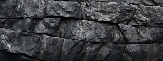 Black wall, grunge stone texture, dark gray rock surface background. Modern banner