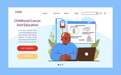 Child cancer web banner or landing page. Little kid studying at school while oncological illness medical treatment. Education process during a chemotherapy. Flat vector illustration