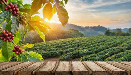 base de madeira com frutas e folhas de café, em frente a um produtivo cafezal, sunset, agricultura