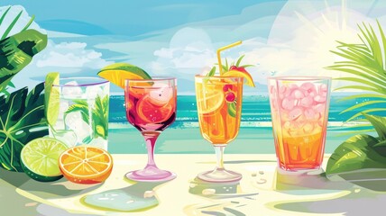 illustration exotic beverages and beach-inspired cuisine. Beach Cuisine Extravaganza