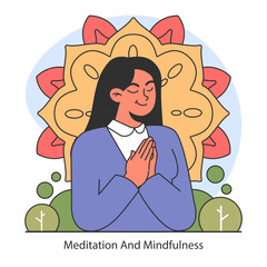 Dopamine fasting concept. Illustration of a woman in meditation, surrounded by a lotus motif, symbolizing mindfulness and inner peace. Flat vector illustration.
