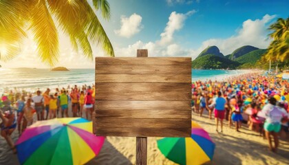 quadro de madeira vazio em frente a uma praia lotada e colorida, festa de carnaval - obrazy, fototapety, plakaty
