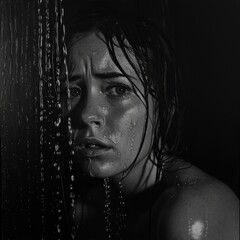 Emotional Woman in Monochrome Shower