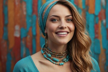Smiling woman against a colorful wall, wearing a headscarf, beautiful woman, turquoise jewelry