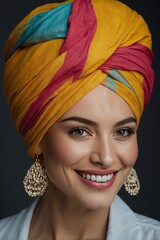 Smiling woman with a turban on her head, stunning beauty, Muslim