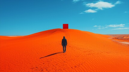 Lone traveler approaching a mysterious red cube in vast desert