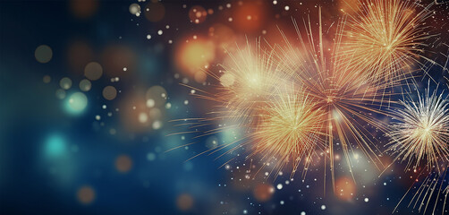 Fototapeta na wymiar Gold and blue Fireworks and bokeh in New Year eve and copy space. Abstract background holiday