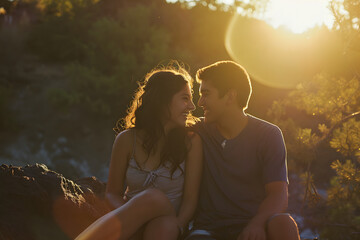 Young couple sitting on a rock in the forest at sunset. Couple in love